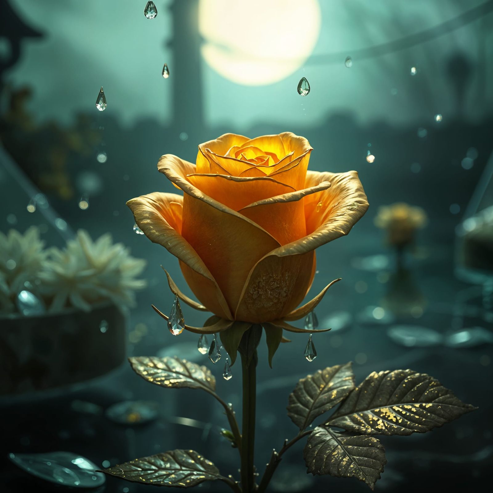Dreamlike Gold Rose in a Garden of Glass and Fallen Dreams