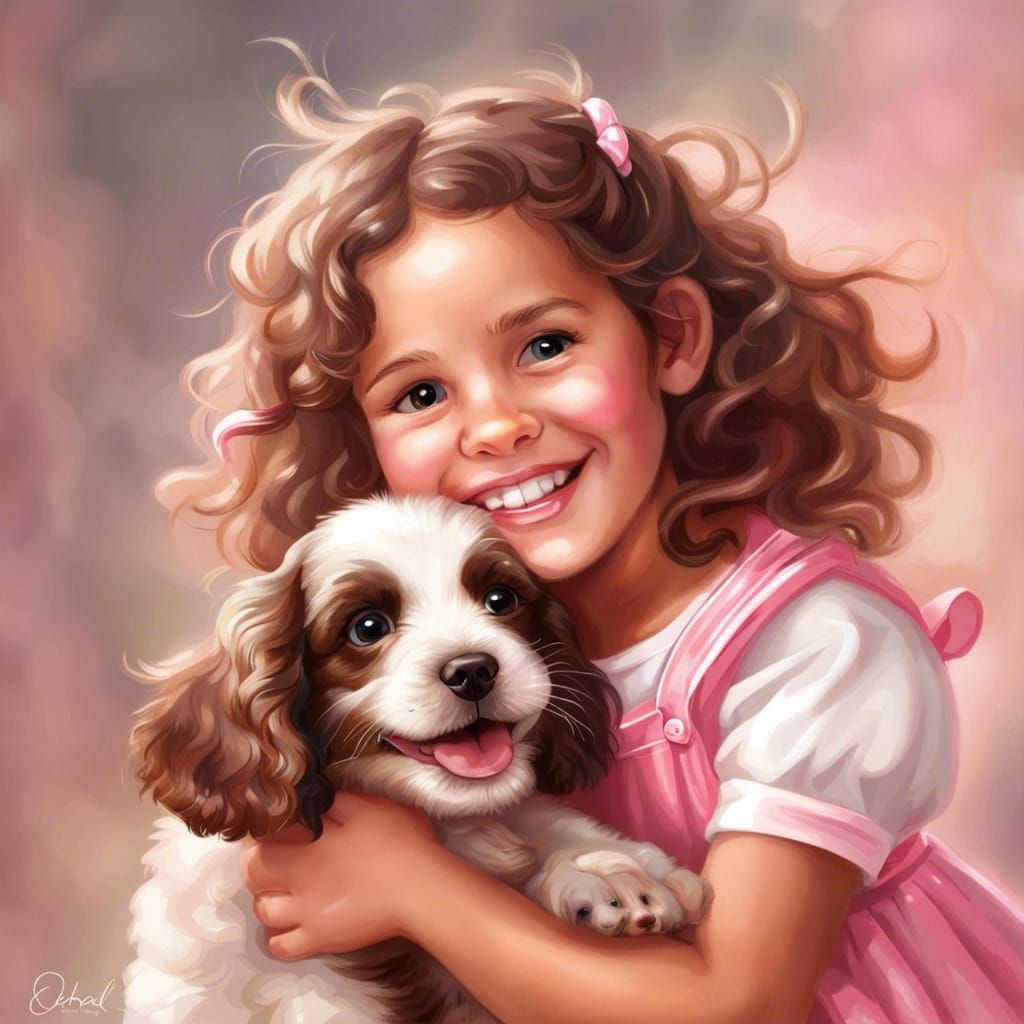 Happy Girl with Puppy: Hyperrealistic Portrait