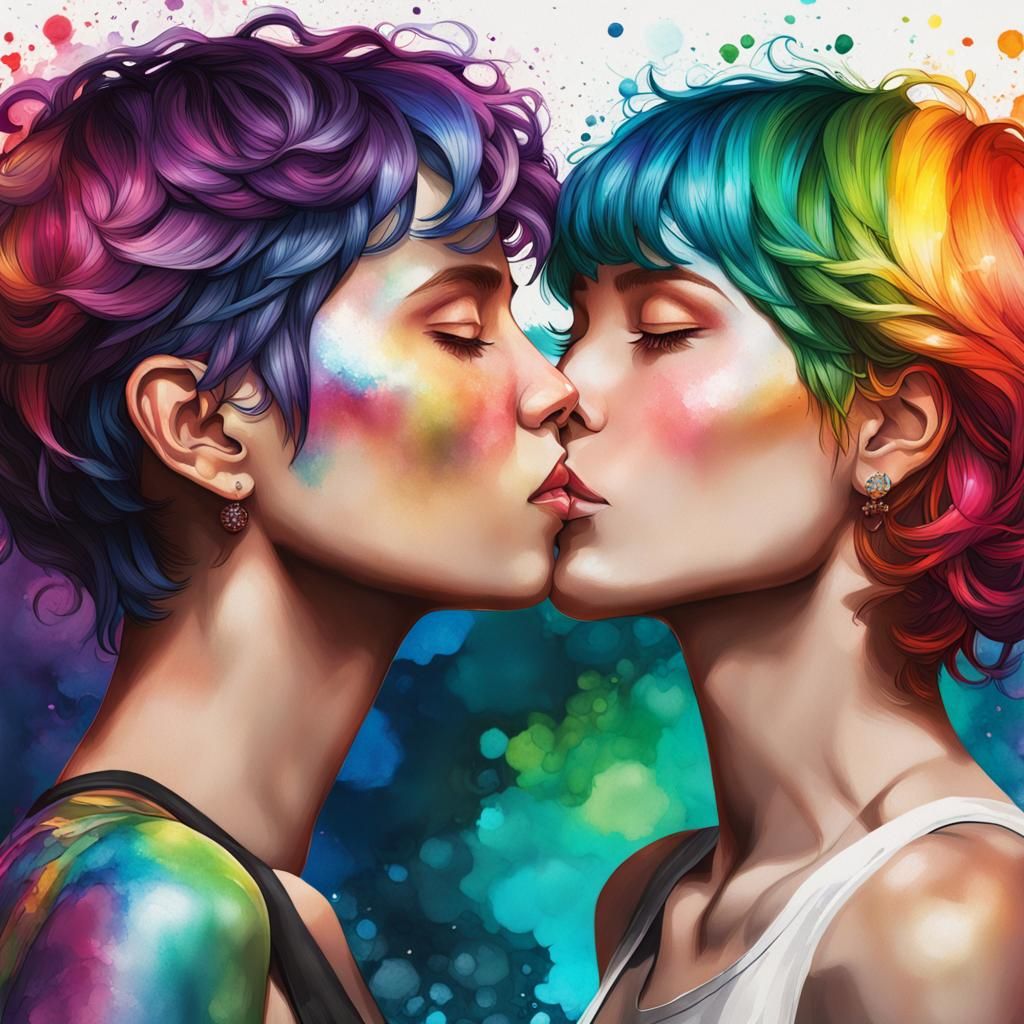 Rainbow Kiss: Alcohol Ink Portrait in Art Nouveau Style