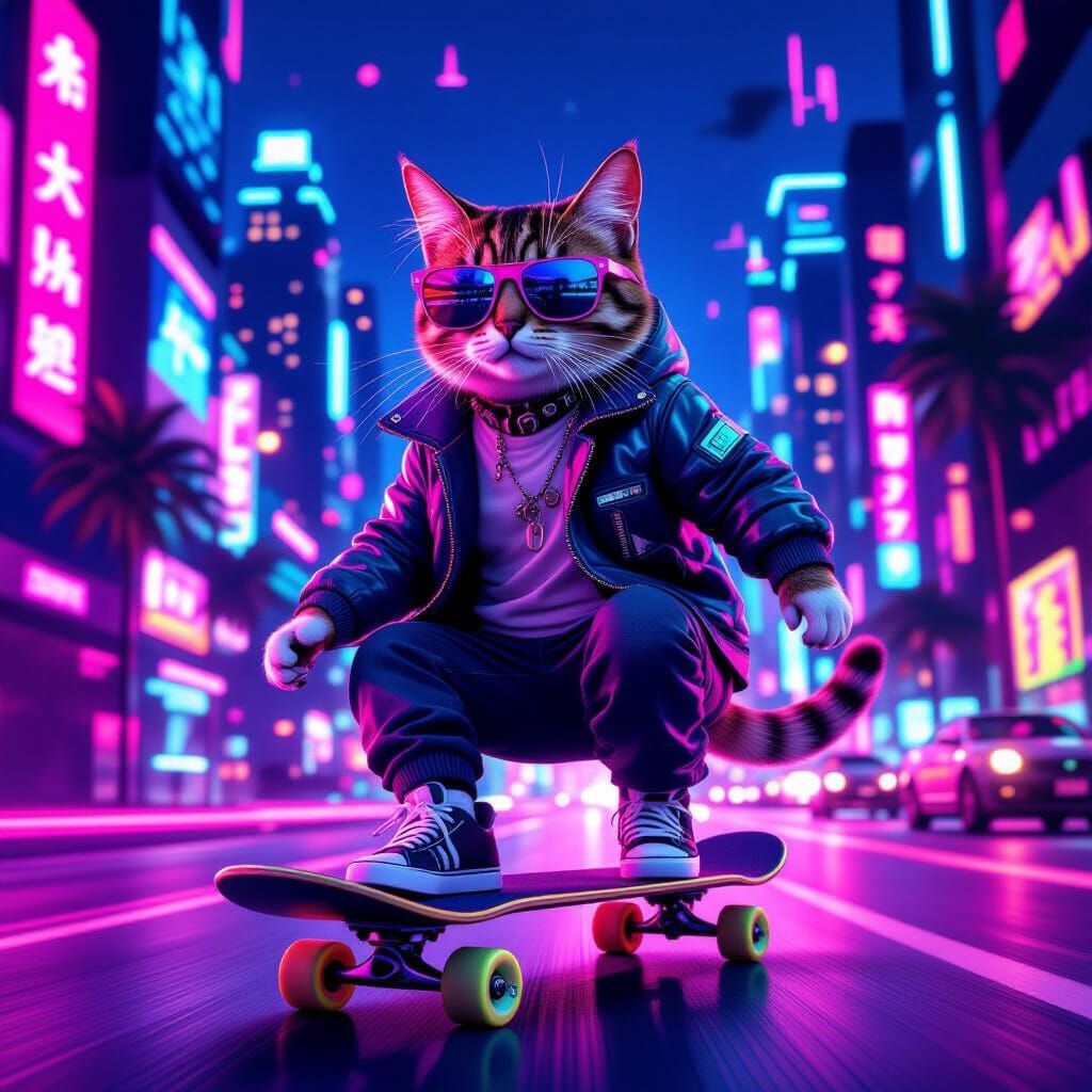 Cat on Skateboard in Neon Cityscape, Syd Mead Style