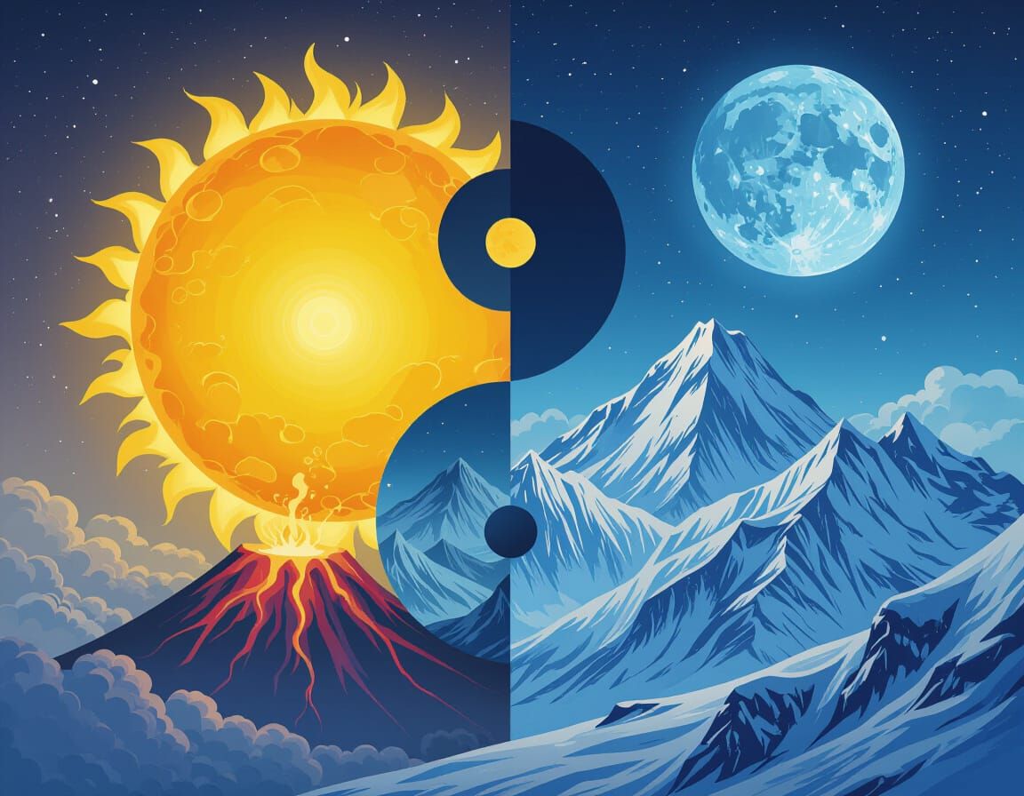 Yin and Yang: Sun, Moon, Volcano & Snowy Peaks