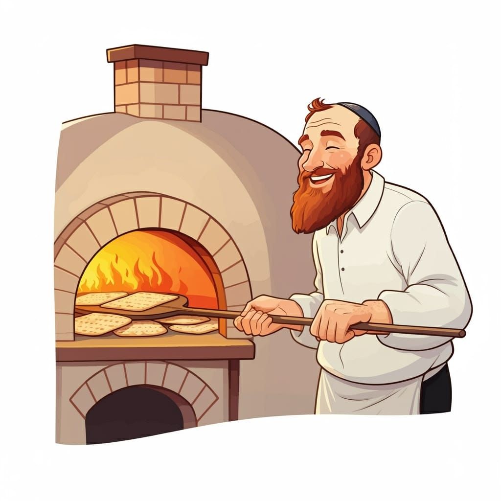 Traditional Jewish Man Bakes Matzah in Brick Oven