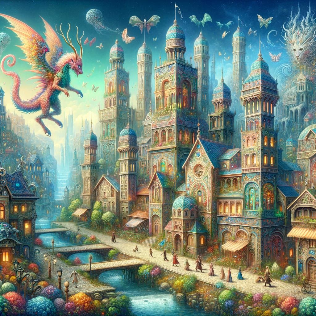 Whimsical Cityscape with Dr. Seuss-Inspired Creatures in Hyp...