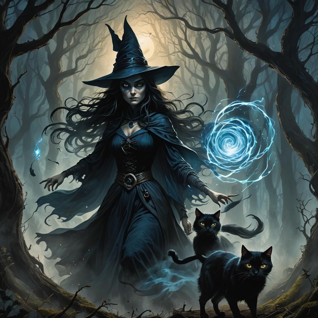 Witch and Black Cat in Dark Fantasy Forest