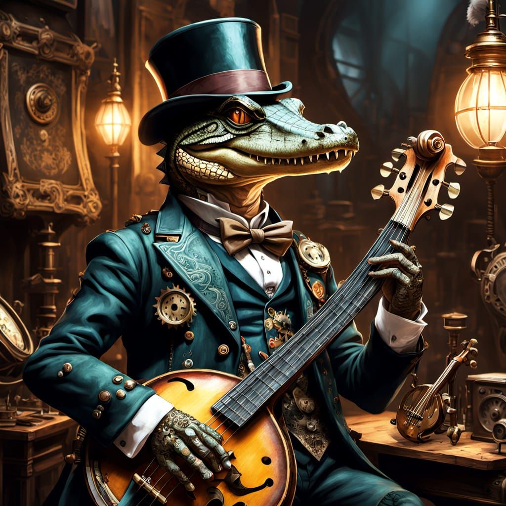 Steampunk Crocodile Musician with Top Hat