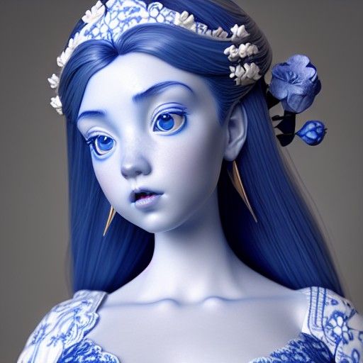 Blue and White Porcelain Girl, Hyperdetailed Digital Art