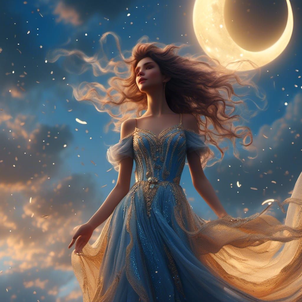 Ethereal Woman Hanging Crescent Moon in Sky