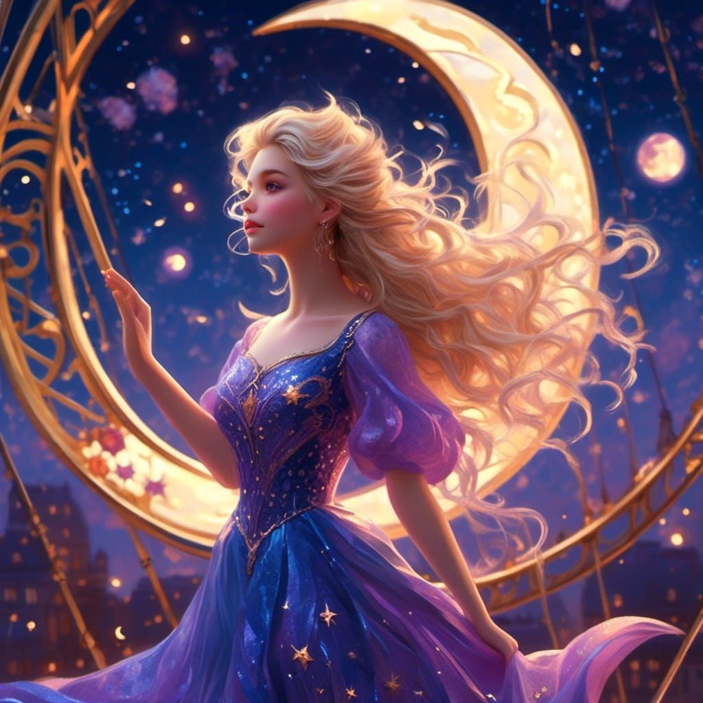 Woman Hanging Crescent Moon: Isometric Oil Painting