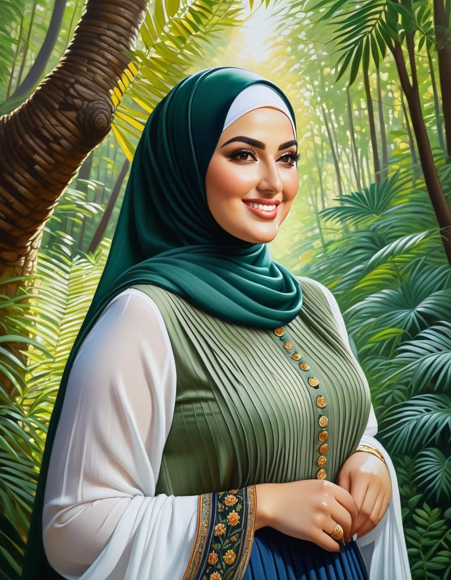 Portrait of Woman in Hijab in Forest, Oil Painting