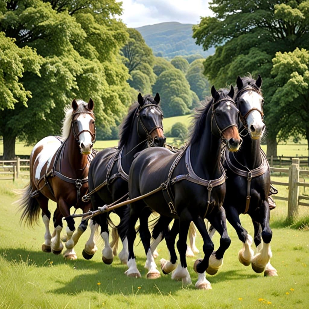 Shire Horses in Joyful Gallop Across a Sunny Farm Meadow