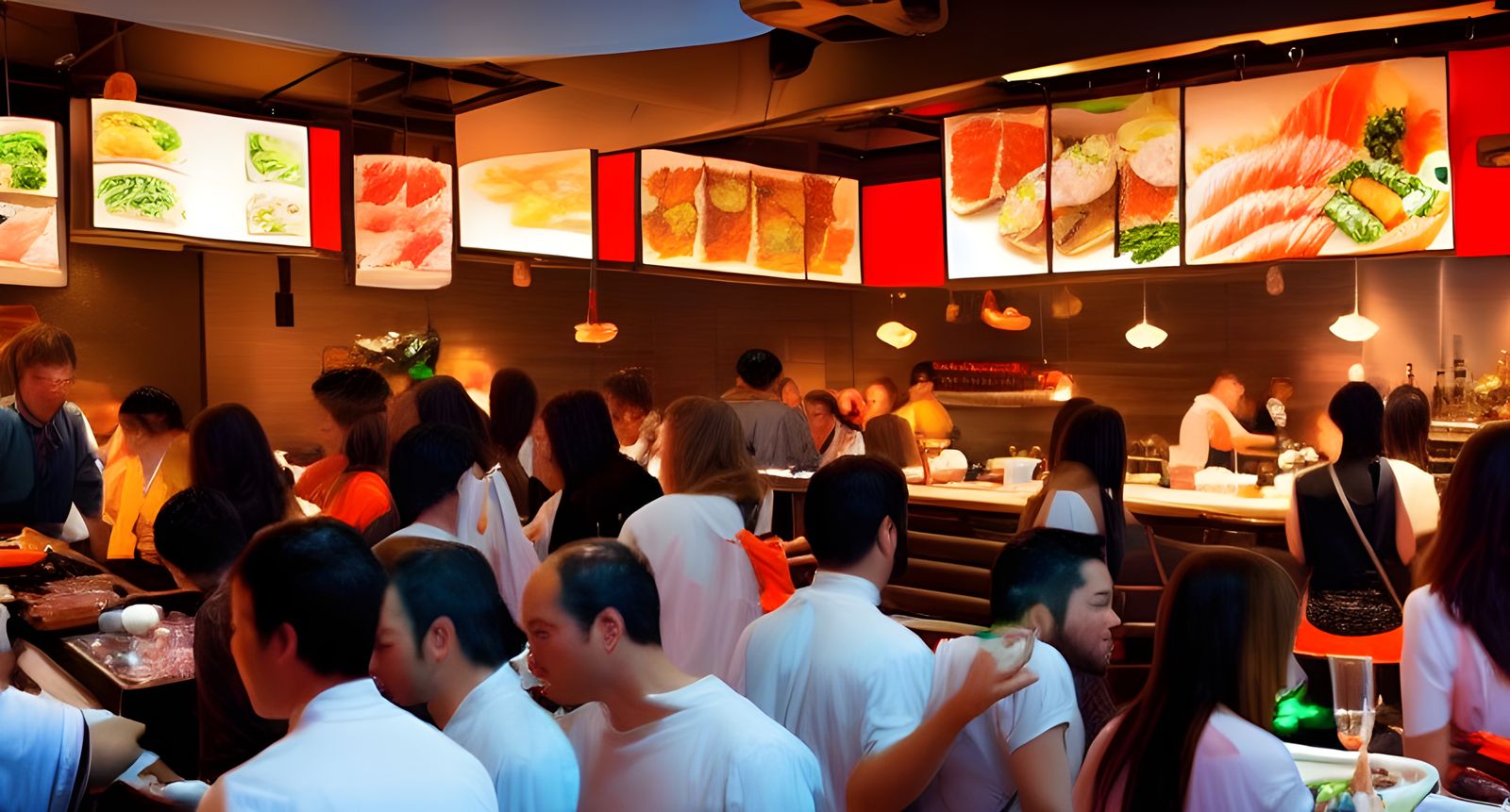 Vibrant Sushi Bar Scene with Crowded Socializing