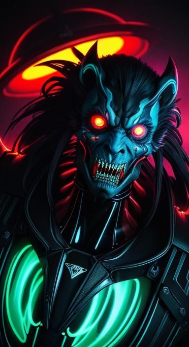 Neon Monster Dances in Human Eye, Cyberpunk Art