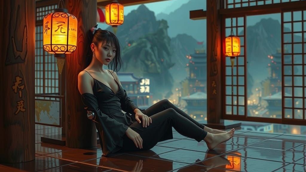 Cybernetic Woman in Dojo, Cyberpunk Style