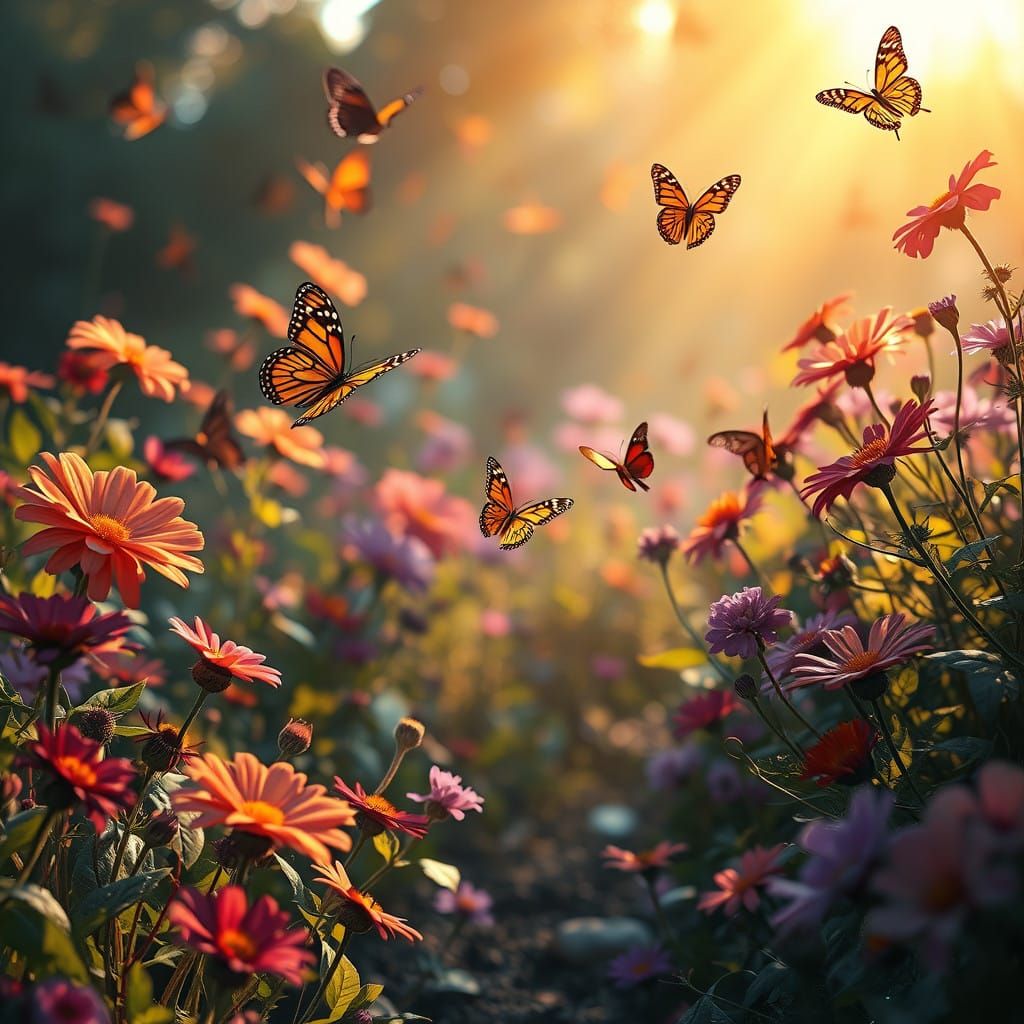 Whimsical Morning Butterfly Garden in Vibrant, Exotic Bloom