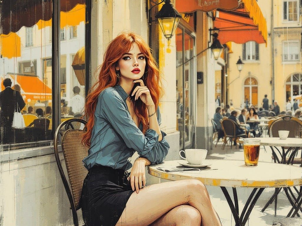 A Fashionable Woman with Red Hair in a Vibrant Urban Café