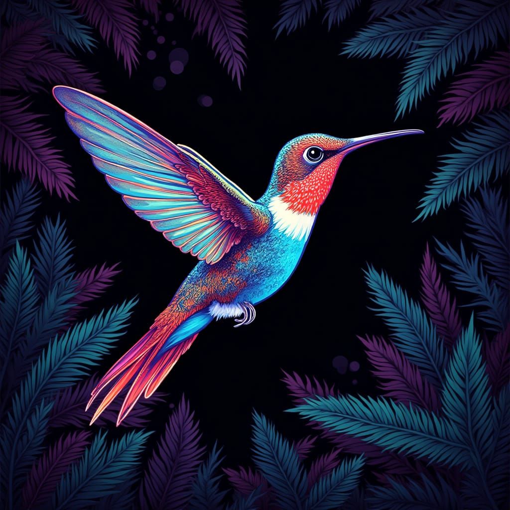 Bioluminescent Hummingbird in Alien Jungle, Art Nouveau Vect...