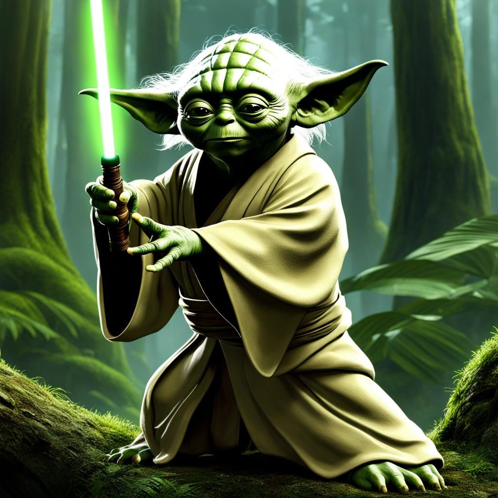 Yoda practicing his swordplay on Dagobah
