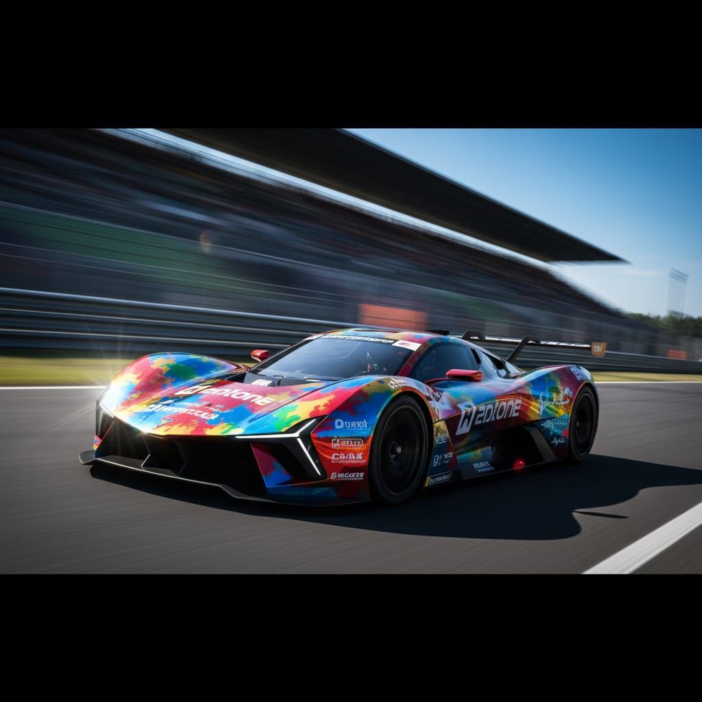 Vivid Racing Car Speeding on Track, Ultra Realistic HDR Phot...