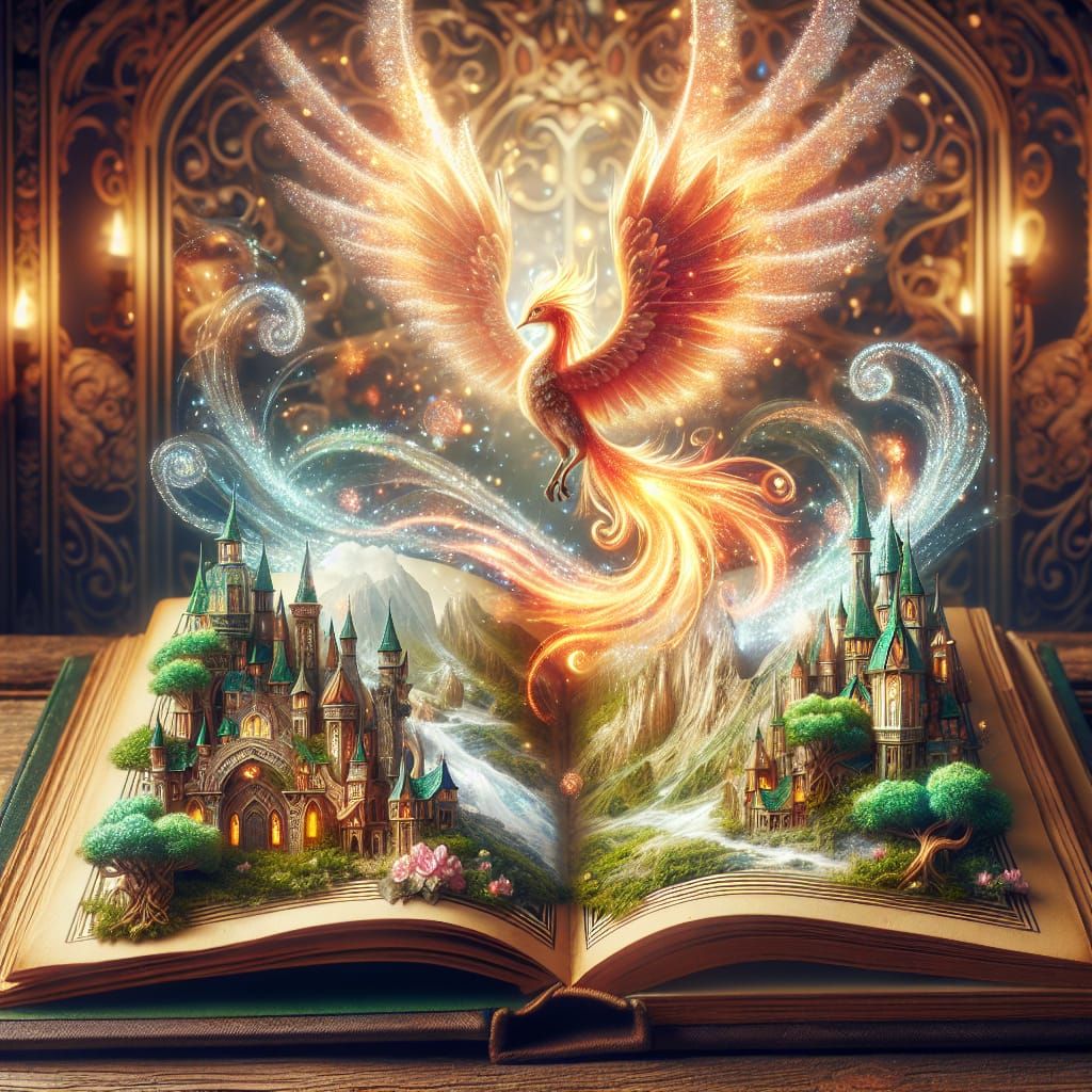 Fairytale Book with Phoenix and Mystical Landscape