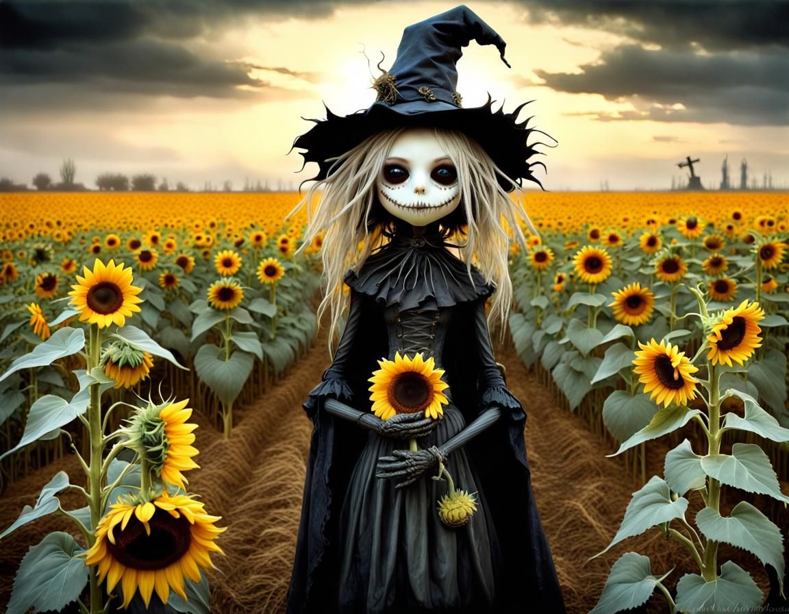 Surreal Sunflower Harvest in Dark Fantasy Style