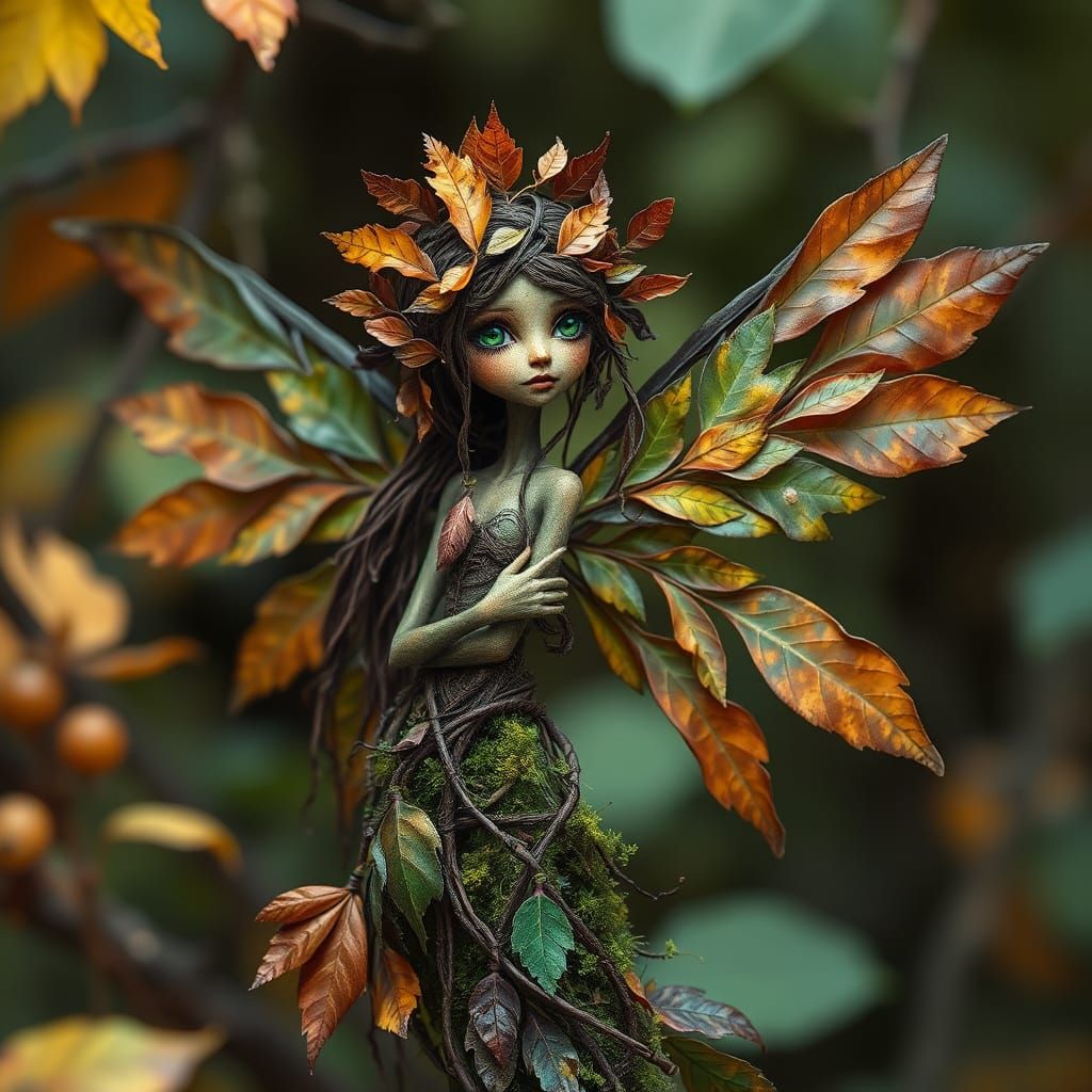 Whimsical Leaf Fairy with Woody Skin and Autumn Hues