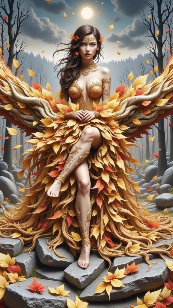 Autumn Goddess of Leaves Among Rocks, Hyperrealistic