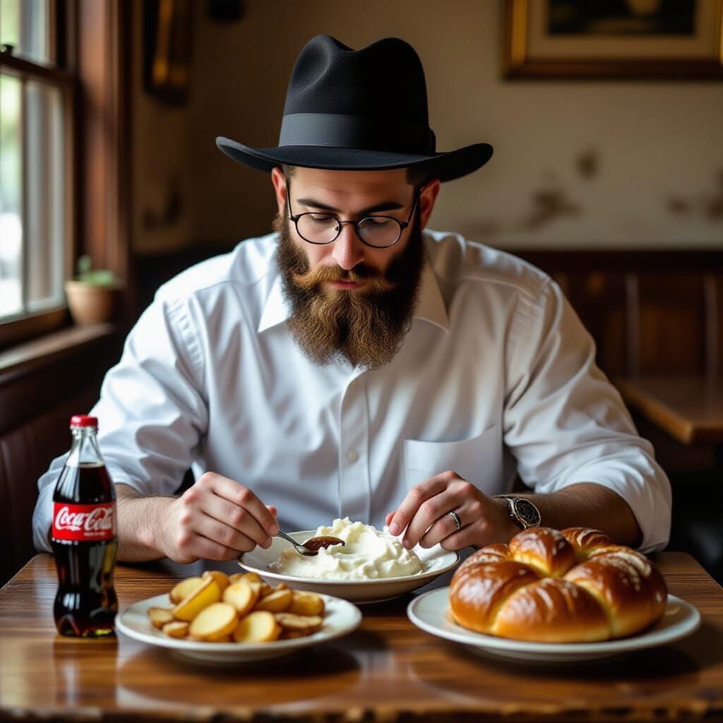 Hasidic Man Savoring Meal with Coca-Cola