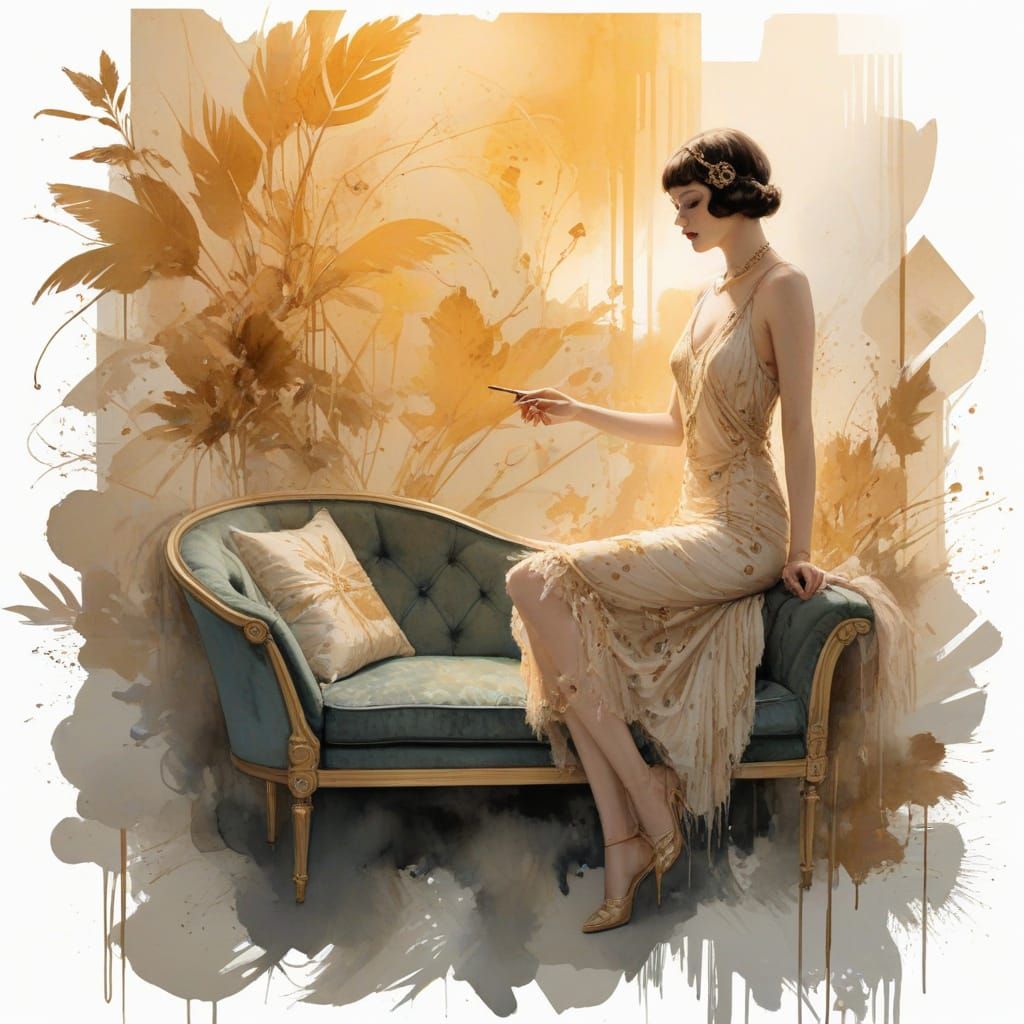 Art Deco Flapper in Velvet Booth with Chandelier Glow