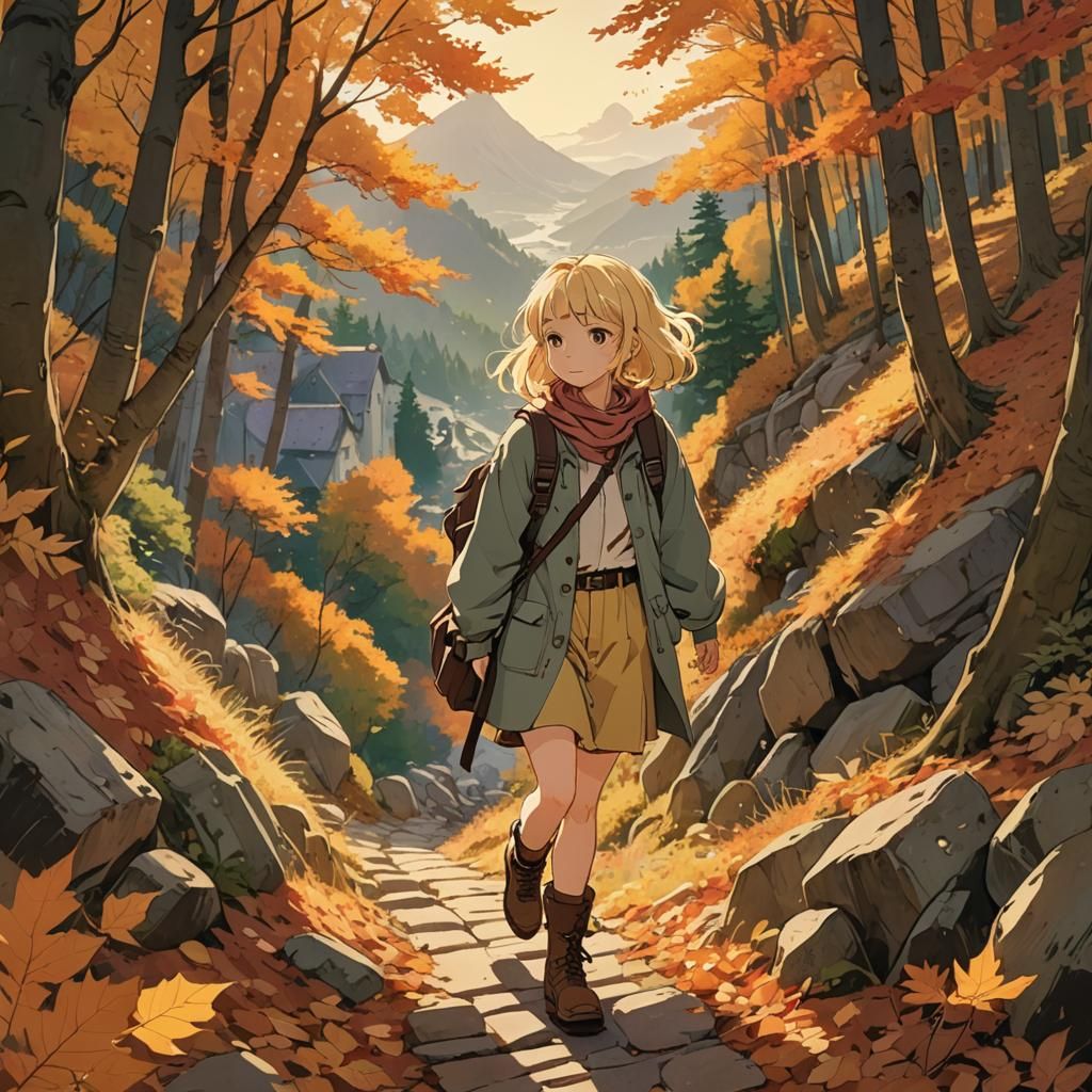 Anime Girl Trekking Through Autumn Woods