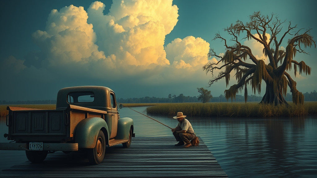 Bayou Scene with Vintage Truck, Surrealist Painting