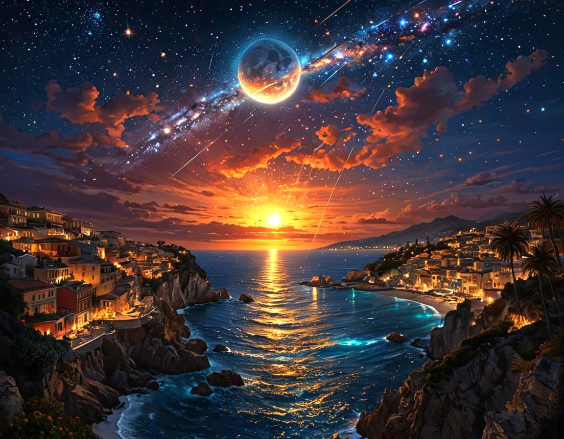 Rainbow Meteor Shower Over Mediterranean Town