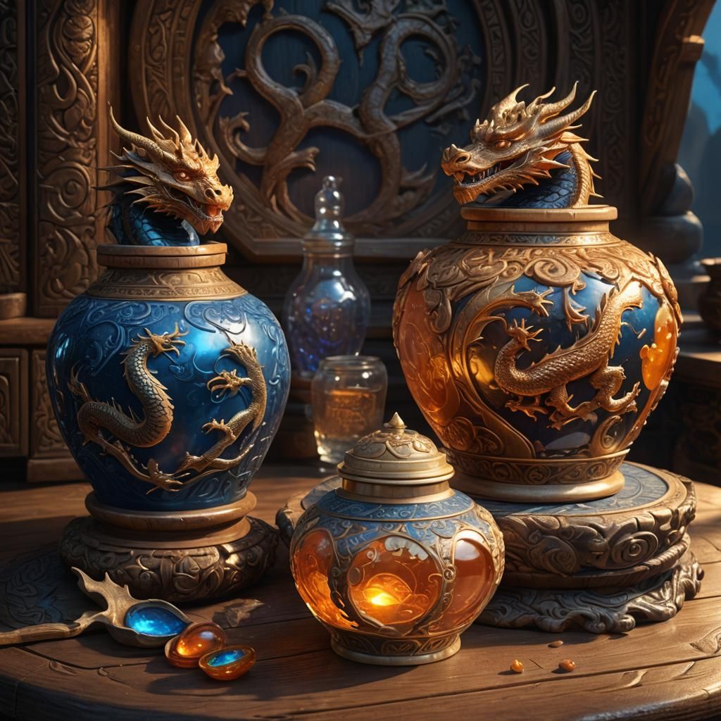 The ornate jars with dragon head cover