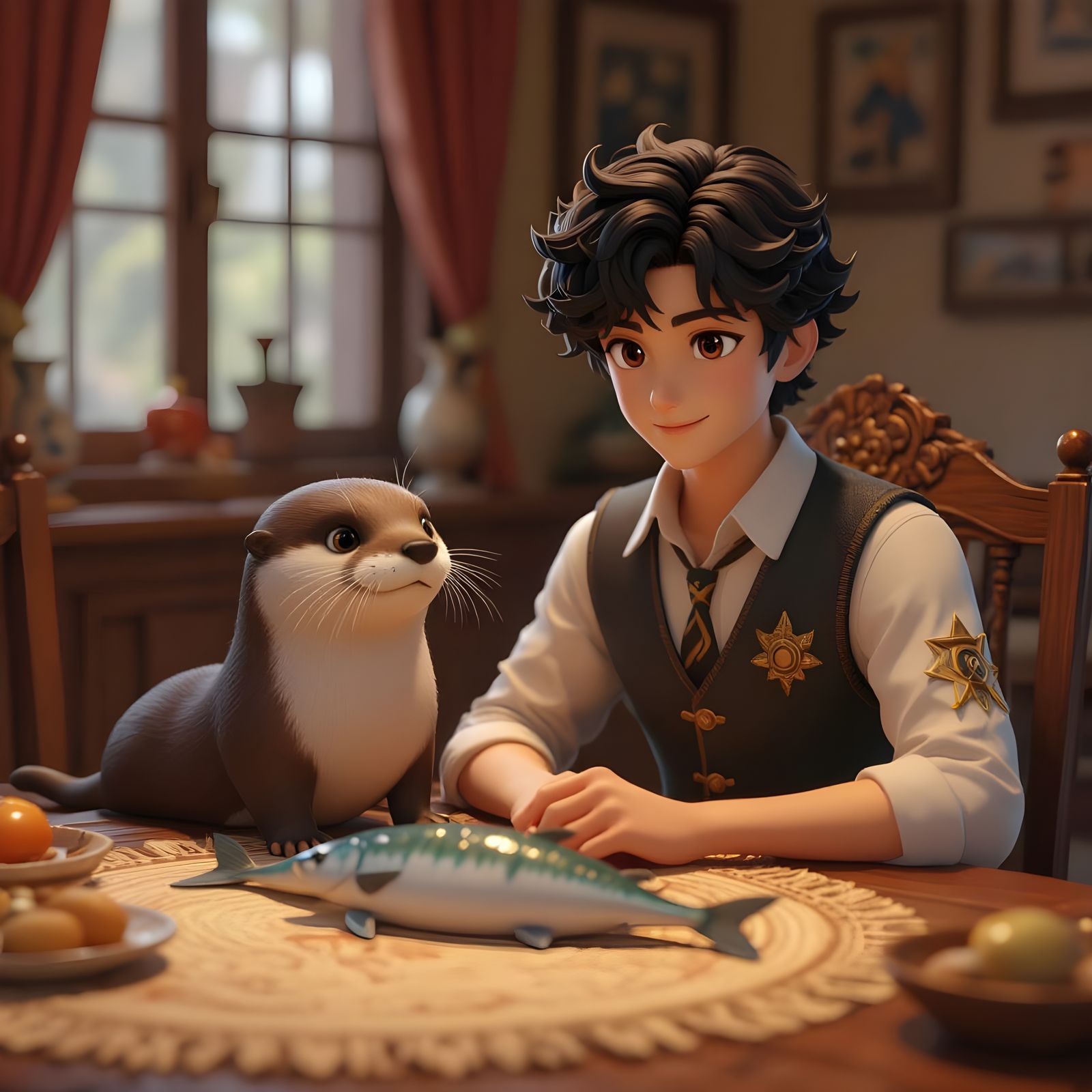 Young Man and Otter Enjoying Fish: 3D Anime Art
