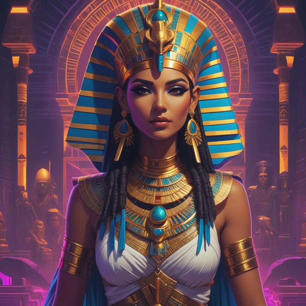 Egyptian Priestess: Synthwave Portrait in Neon Retro Style
