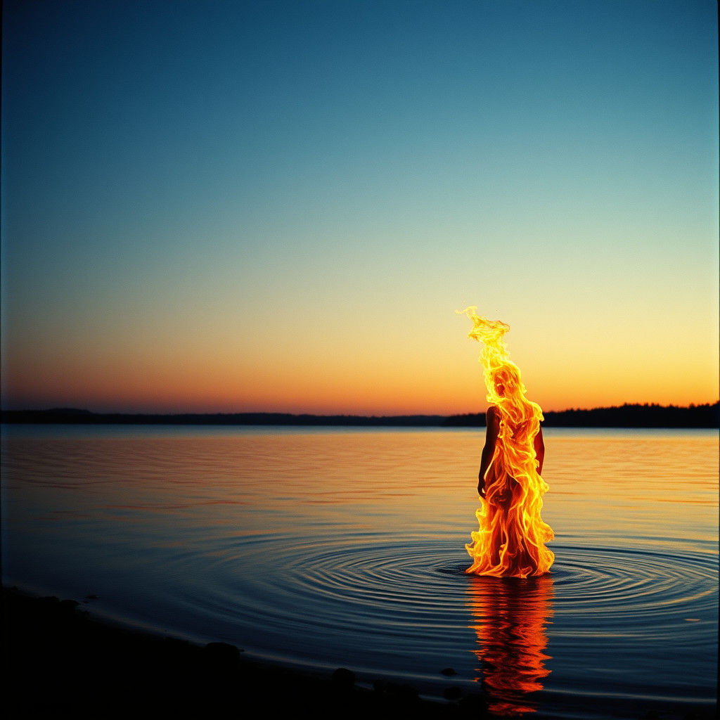 Twilight Lake: A Fiery Figure's Reflection
