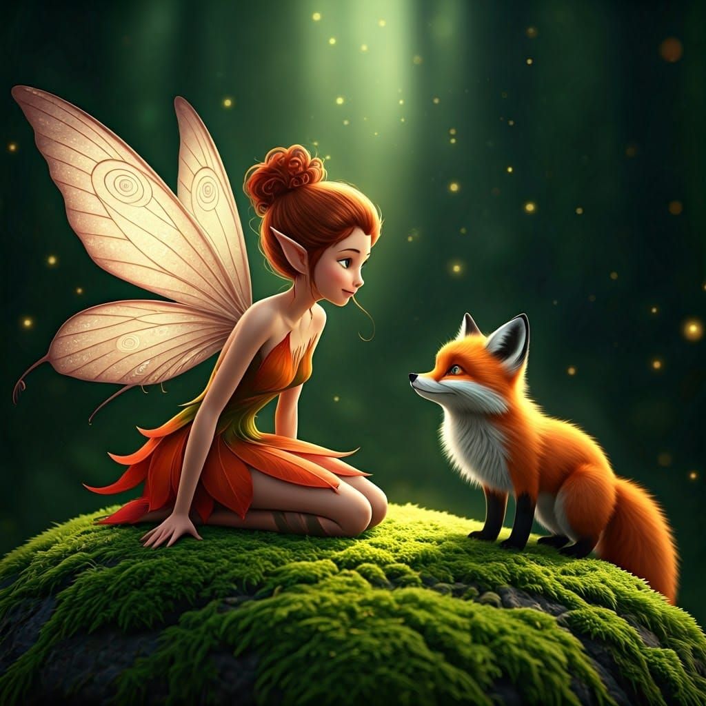 Enchanted Forest Fairy in Whimsical Conversation with a Curi...