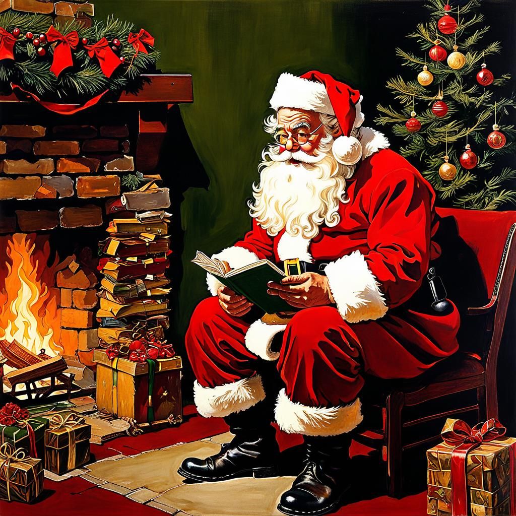Santa Claus in Christmas Scene Oil Painting