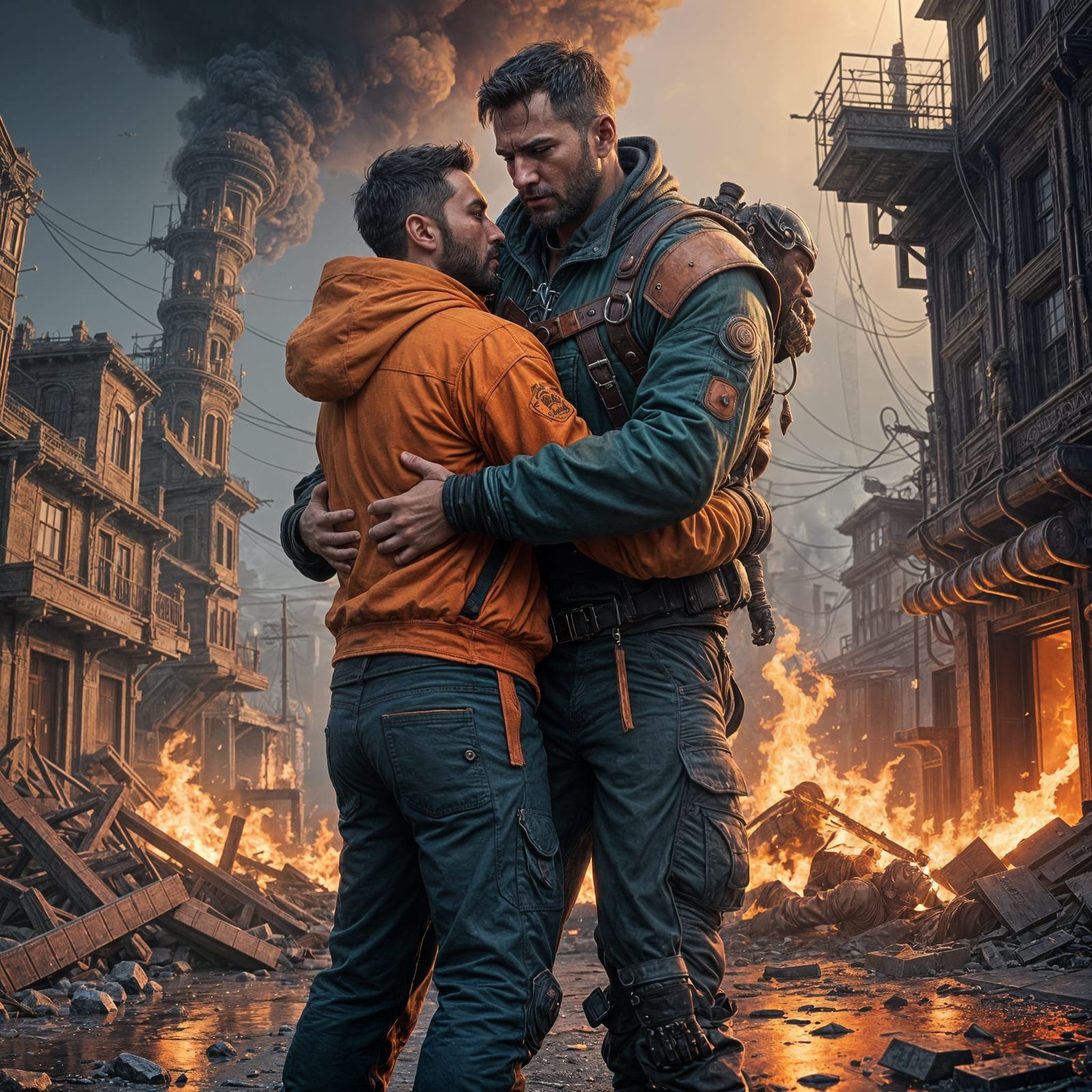 Ultramuscled Hero Rescues Companion from Flames in Epic Fant...