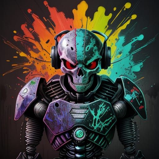 Robot Skeleton Fused With Brainrot In Vibrant Crayon Art