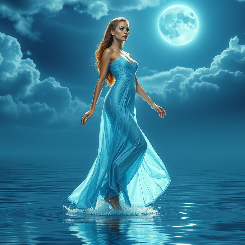 Celestial Woman in Blue Gown Reflecting Moonlight