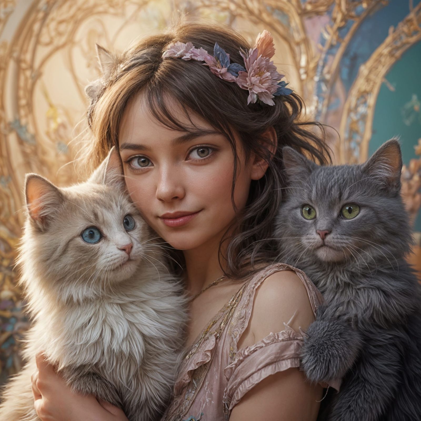 Surrealist Chibi Girl Surrounded by Whimsical Furry Cat in P...