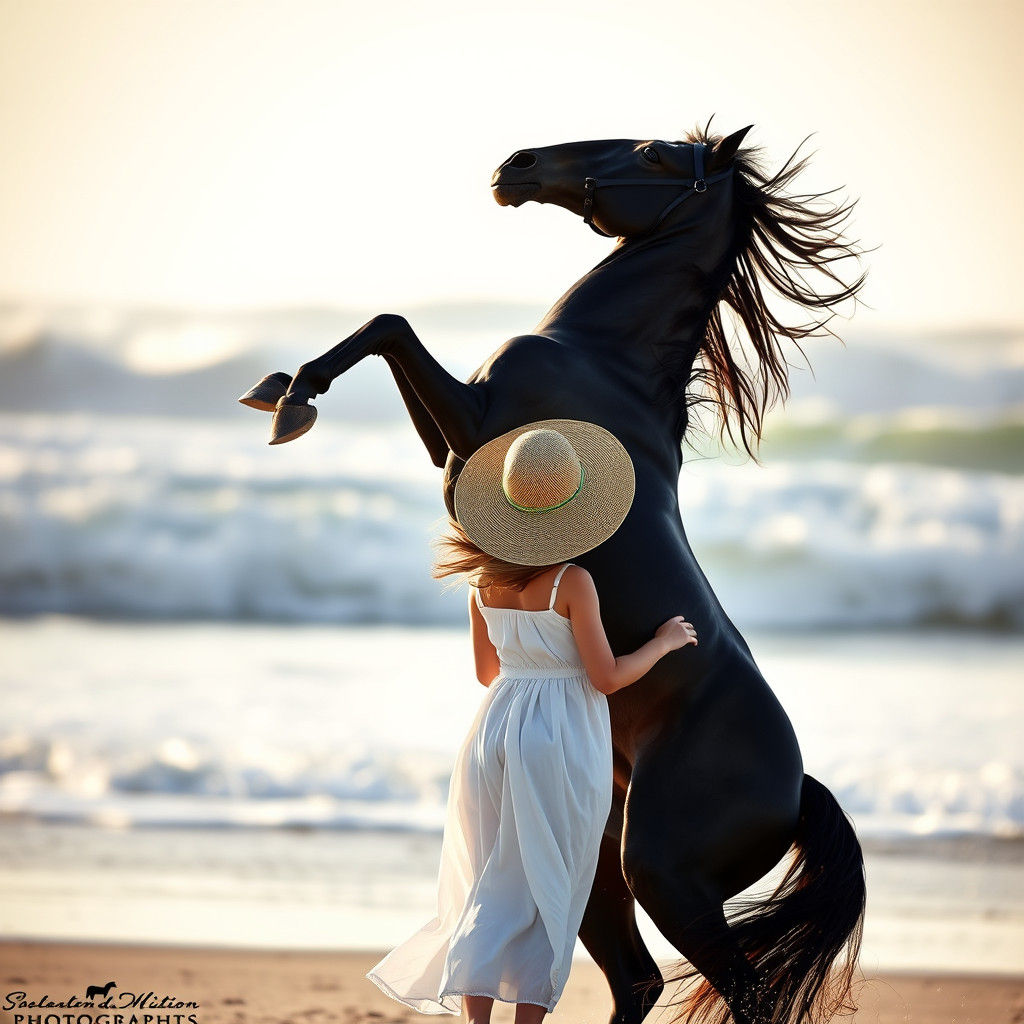 Majestic Black Horse Towers Over a Young Girl on the Beach i...