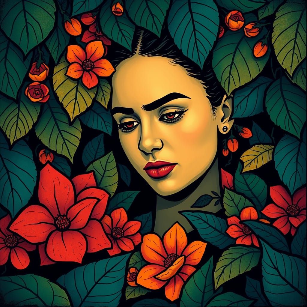 Enigmatic Woman in Vibrant Foliage, with Flattened Perspecti...