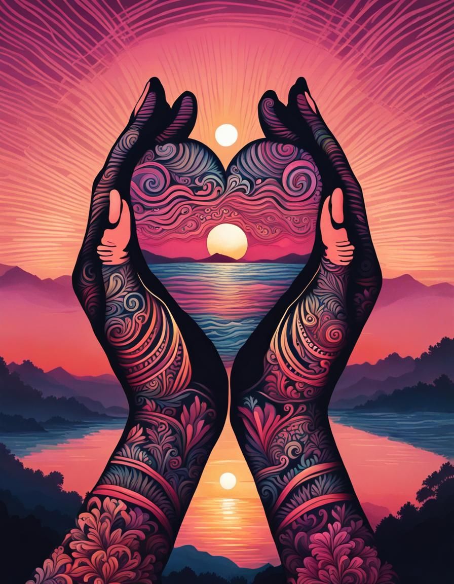 Hands Making Heart Shape in Zentangle Style