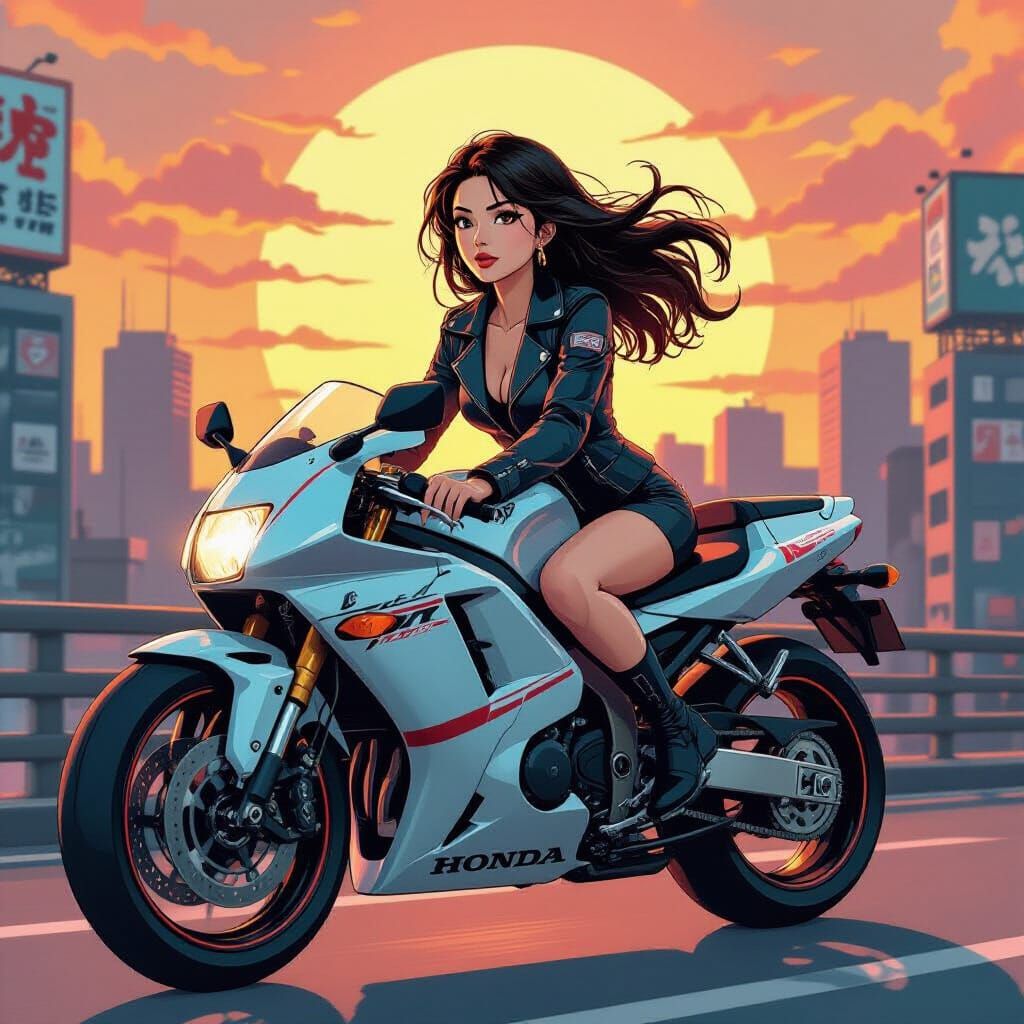 Japanese Woman on Motorcycle in Manga Anime Style