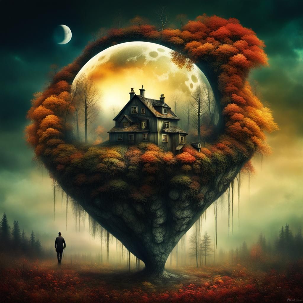 Surreal Crystal Moon Village in Autumn Forest