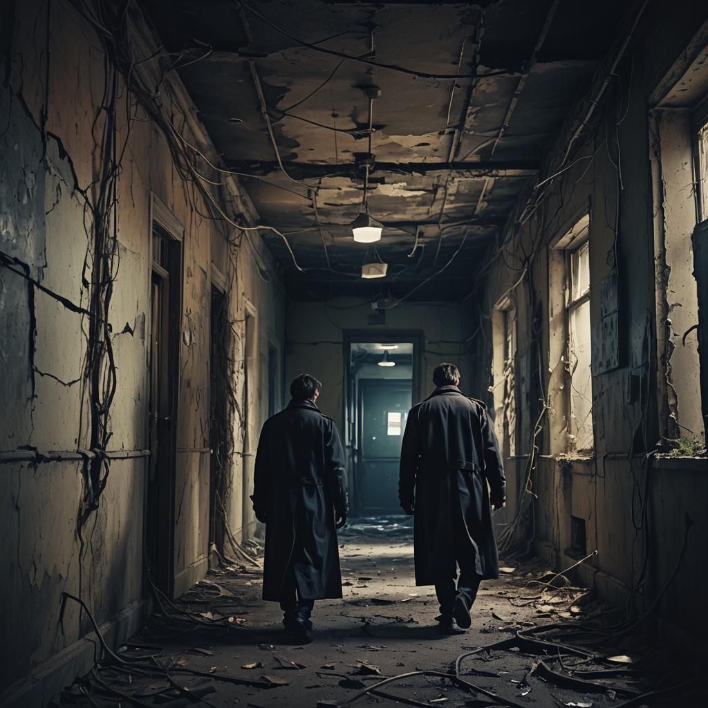 Ominous Figure in Decaying Hallway: Dark Surrealism