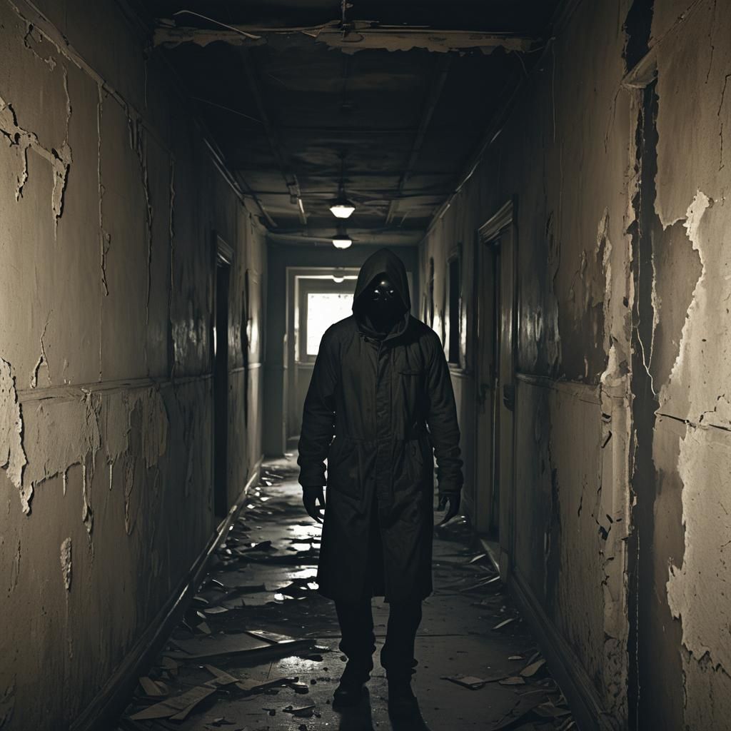 Creepy Figure in Abandoned Building: Dark Digital Art