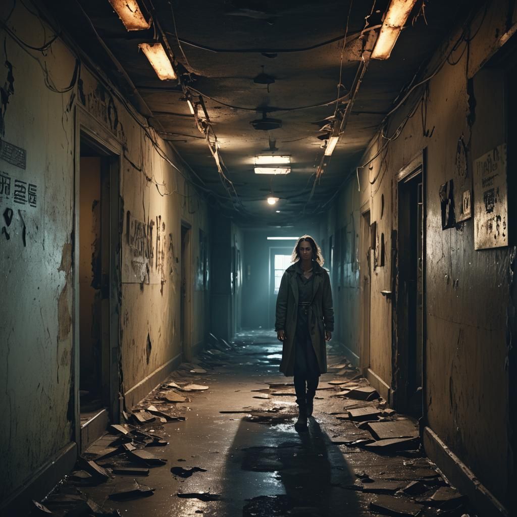 Eerie Dystopian Hallway in Surreal Style