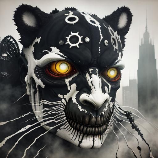 Surreal Double Exposure: Monster in Dystopian Cityscape